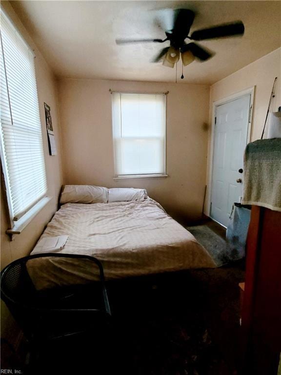 bedroom with a ceiling fan and multiple windows