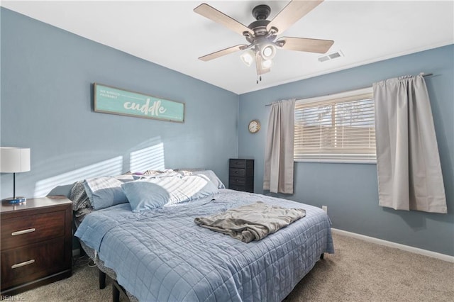 bedroom featuring a ceiling fan, carpet flooring, visible vents, and baseboards