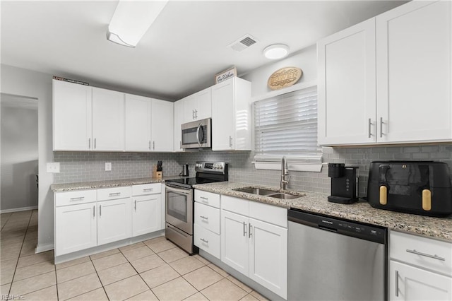 kitchen with stainless steel appliances, a sink, visible vents, and white cabinetry