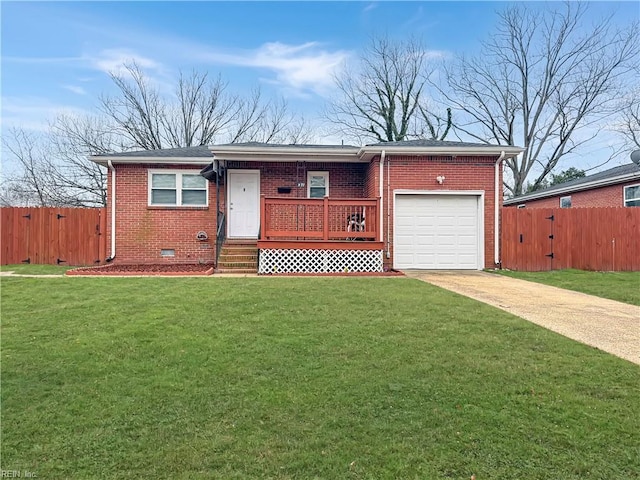 single story home with brick siding, concrete driveway, a front yard, crawl space, and fence