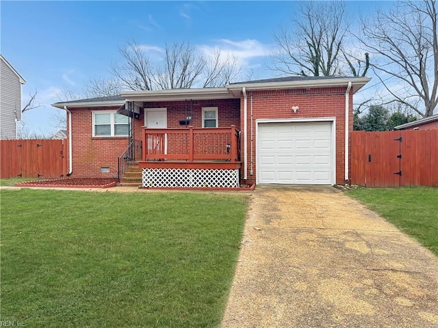 ranch-style house with brick siding, a front yard, crawl space, fence, and driveway