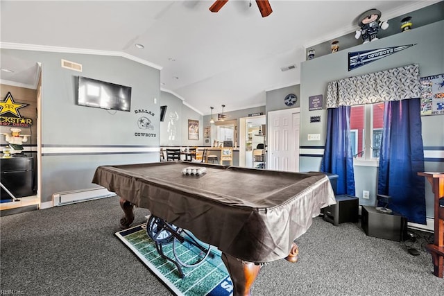 rec room featuring visible vents, lofted ceiling, carpet flooring, and crown molding