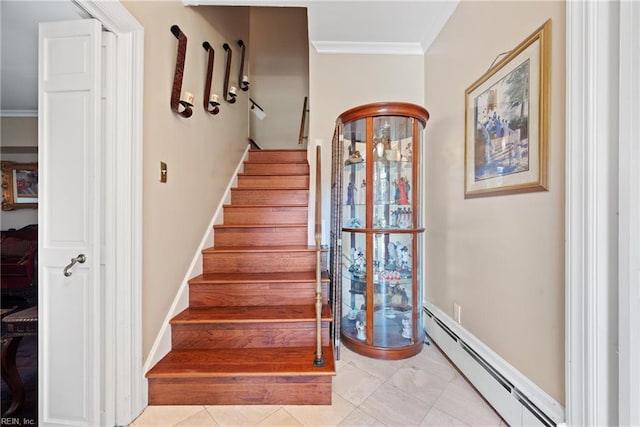 staircase featuring tile patterned flooring, ornamental molding, and a baseboard radiator