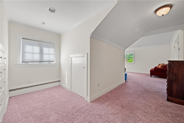 bonus room with a baseboard radiator, baseboards, carpet, and vaulted ceiling