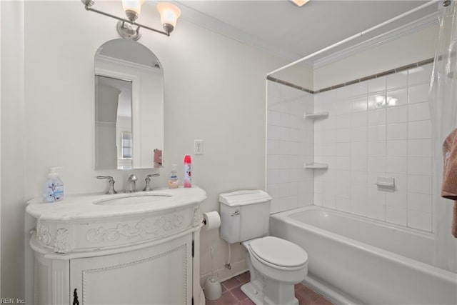 full bathroom featuring toilet, ornamental molding, shower / bathing tub combination, tile patterned floors, and vanity