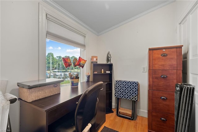 office space with baseboards, light wood-style flooring, and crown molding