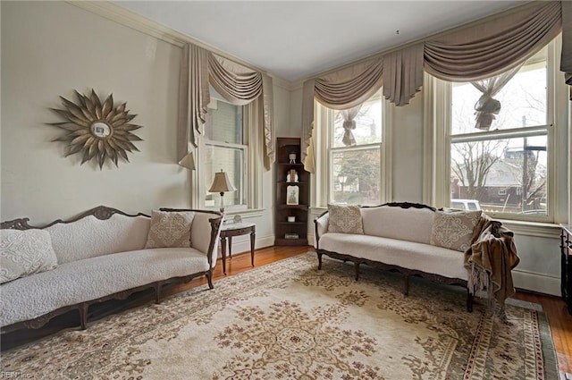 sitting room with baseboards and wood finished floors