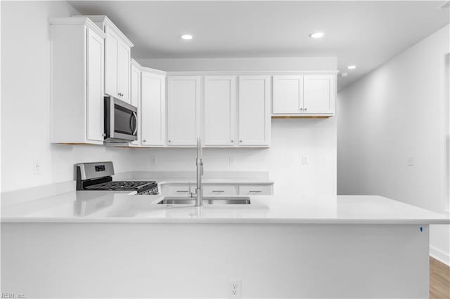 kitchen with a peninsula, stainless steel appliances, light countertops, and a sink