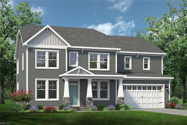 craftsman inspired home with a garage, a shingled roof, concrete driveway, board and batten siding, and a front yard