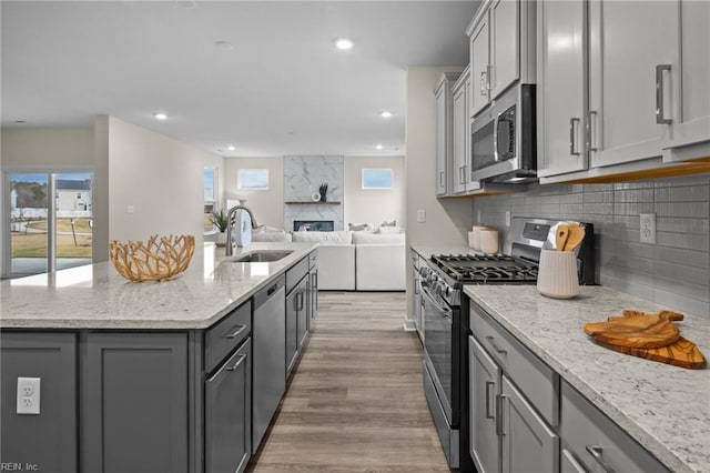 kitchen with gray cabinets, stainless steel appliances, and a sink