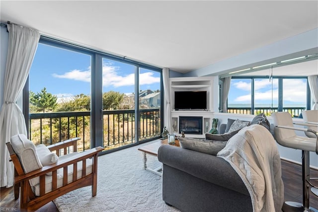 living room featuring a glass covered fireplace, a wall of windows, and wood finished floors