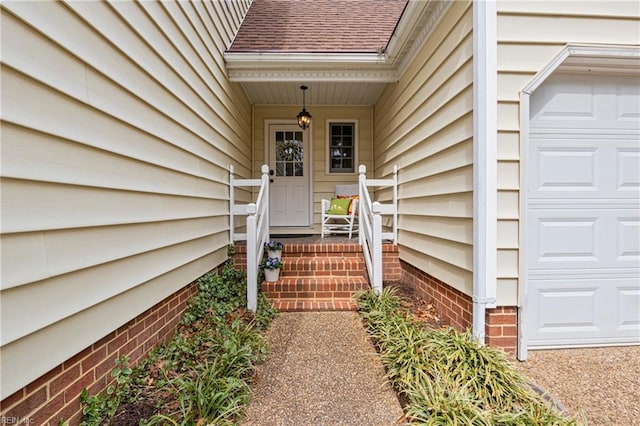 doorway to property featuring roof with shingles