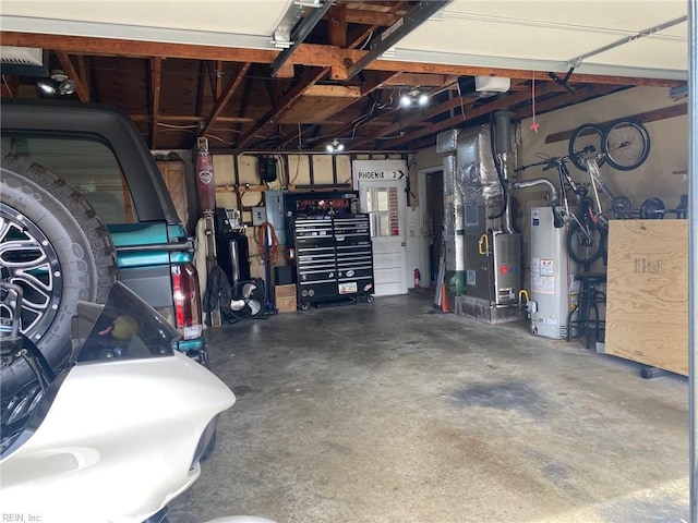 garage with water heater and heating unit