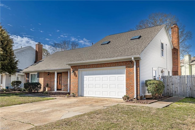 view of front of house with brick siding, roof with shingles, concrete driveway, an attached garage, and fence