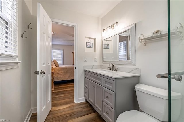 bathroom featuring toilet, baseboards, wood finished floors, and vanity