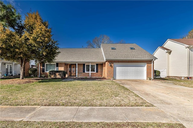 ranch-style house featuring brick siding, a shingled roof, concrete driveway, an attached garage, and a front lawn