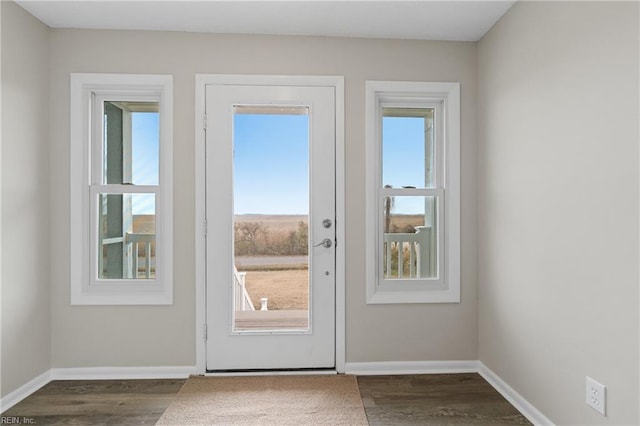 doorway to outside with baseboards and dark wood-style flooring