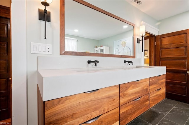 bathroom featuring recessed lighting, visible vents, marble finish floor, and vanity