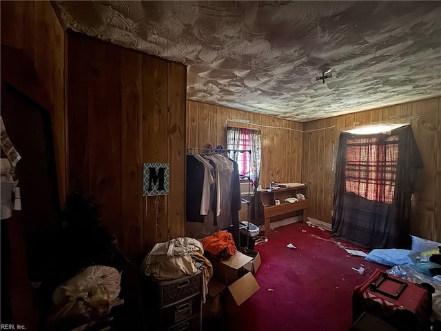 miscellaneous room with carpet and wooden walls