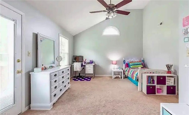 bedroom with visible vents, baseboards, ceiling fan, carpet, and vaulted ceiling