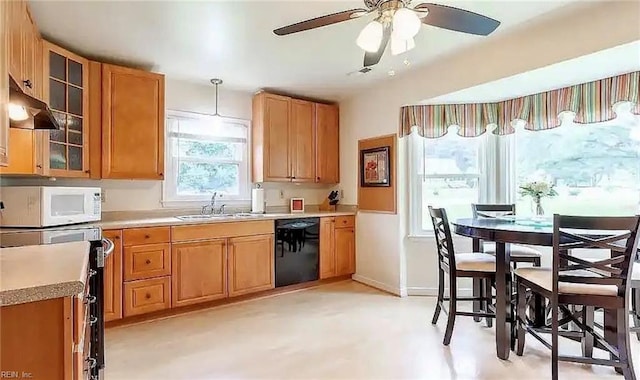 kitchen featuring light countertops, white microwave, a sink, dishwasher, and under cabinet range hood