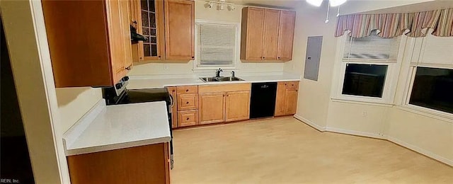 kitchen with black dishwasher, electric panel, light countertops, and a sink