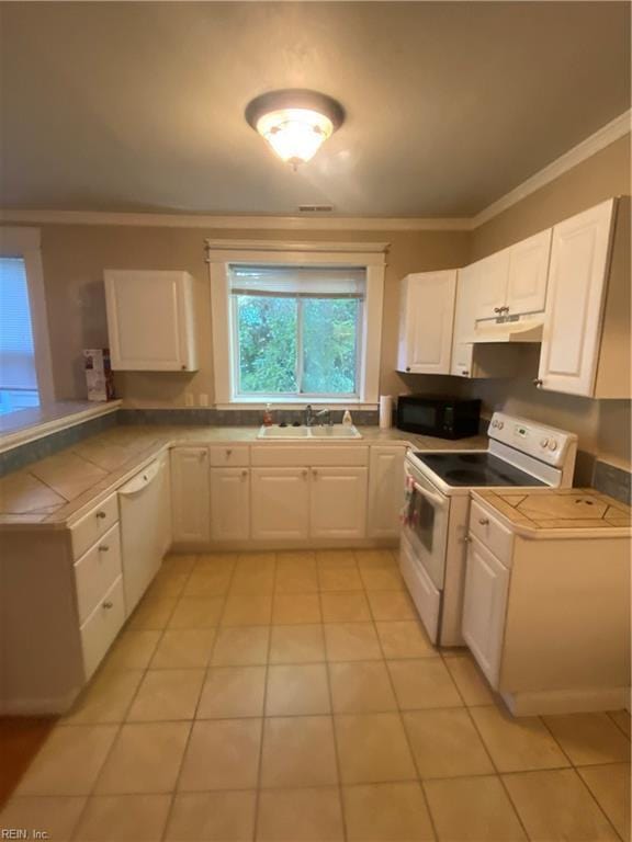 kitchen featuring a sink, white appliances, under cabinet range hood, and ornamental molding