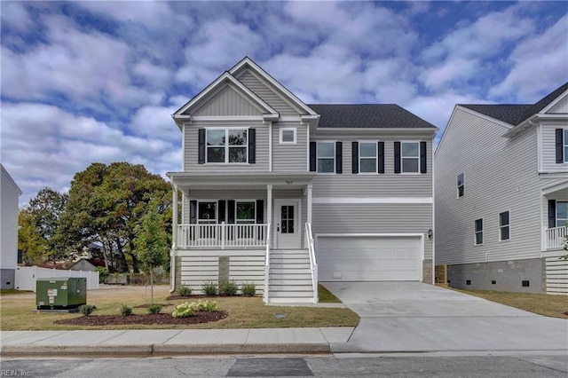 view of front of property with a porch, stairway, board and batten siding, concrete driveway, and an attached garage