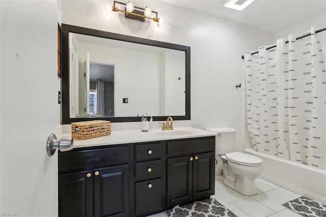 bathroom with tile patterned flooring, shower / bathtub combination with curtain, toilet, and vanity