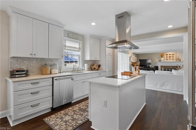 kitchen featuring a kitchen island, island exhaust hood, dark wood-type flooring, dishwasher, and black electric stovetop