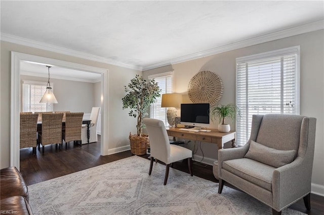 office featuring crown molding, baseboards, and wood finished floors