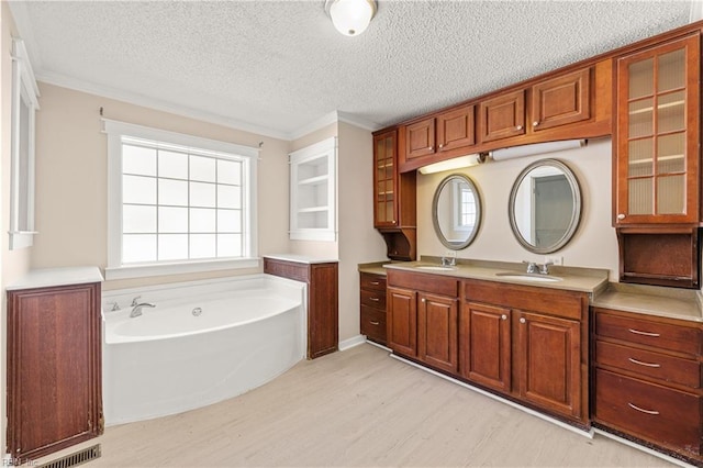 bathroom with a sink, a textured ceiling, wood finished floors, and a bath