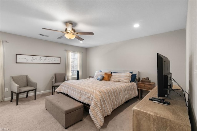 bedroom featuring visible vents, recessed lighting, baseboards, light colored carpet, and ceiling fan