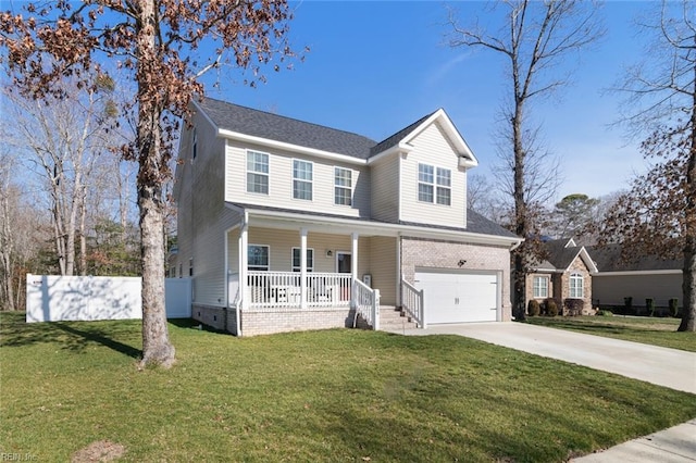 traditional-style house with an attached garage, a porch, concrete driveway, and a front lawn