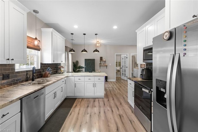 kitchen with a sink, backsplash, appliances with stainless steel finishes, a peninsula, and white cabinets