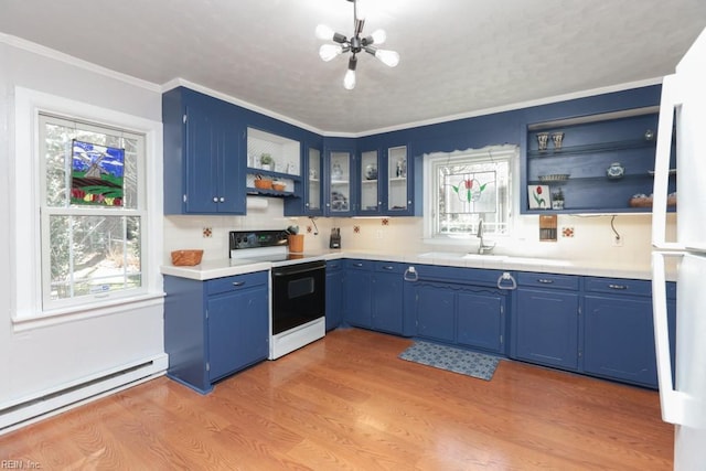 kitchen with light wood-style flooring, open shelves, blue cabinetry, range with electric stovetop, and a baseboard radiator