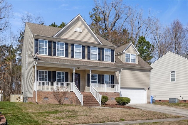 view of front of house featuring crawl space, covered porch, concrete driveway, and an attached garage