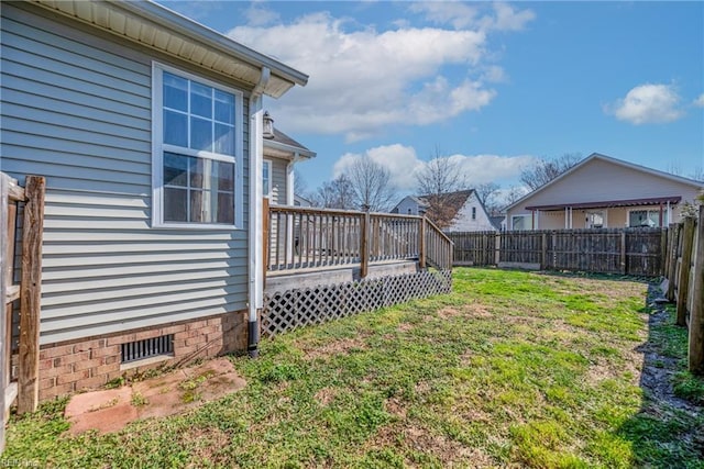 view of yard with a deck and a fenced backyard