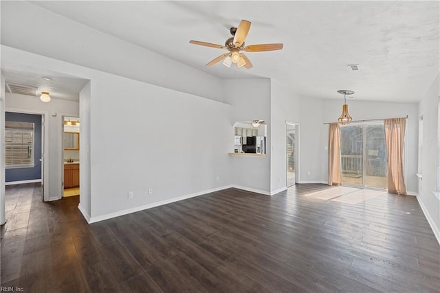 unfurnished living room featuring visible vents, ceiling fan, baseboards, lofted ceiling, and dark wood-style floors