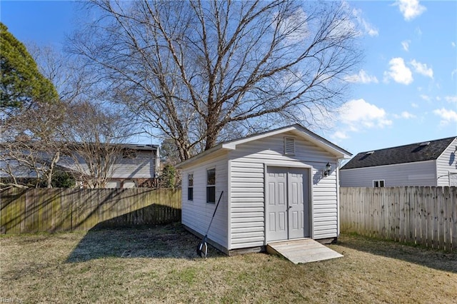 view of shed with a fenced backyard