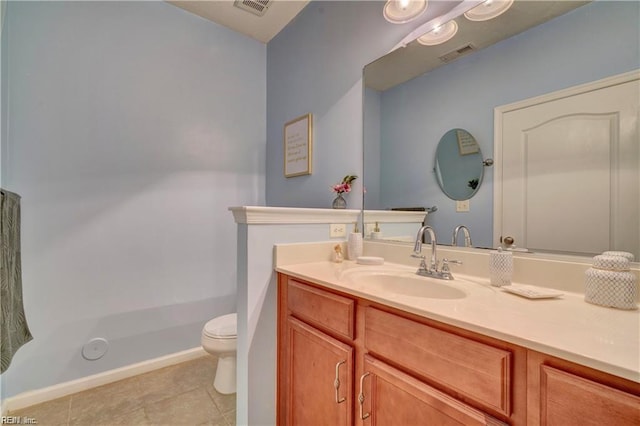 full bath featuring visible vents, toilet, tile patterned flooring, baseboards, and vanity