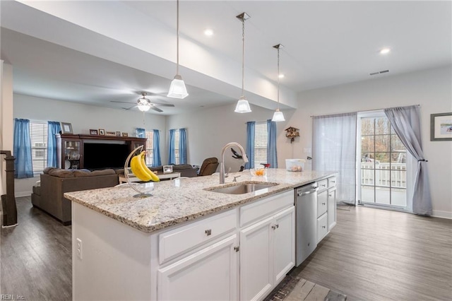 kitchen featuring stainless steel dishwasher, a healthy amount of sunlight, a center island with sink, and a sink