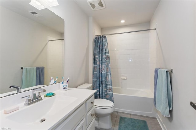 bathroom with visible vents, toilet, tile patterned floors, vanity, and shower / bathtub combination with curtain