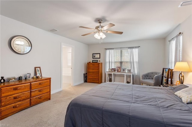 bedroom with visible vents, a ceiling fan, baseboards, and carpet floors