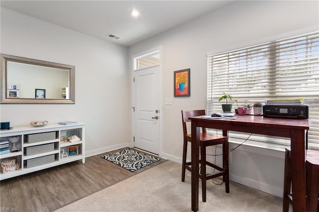 office with wood finished floors, recessed lighting, baseboards, and visible vents