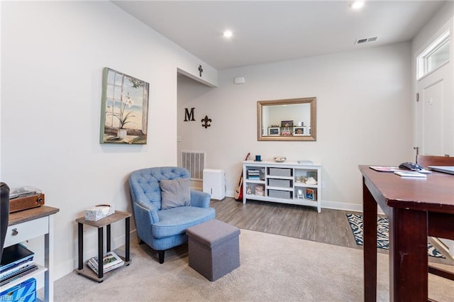 sitting room with visible vents, recessed lighting, carpet, and baseboards