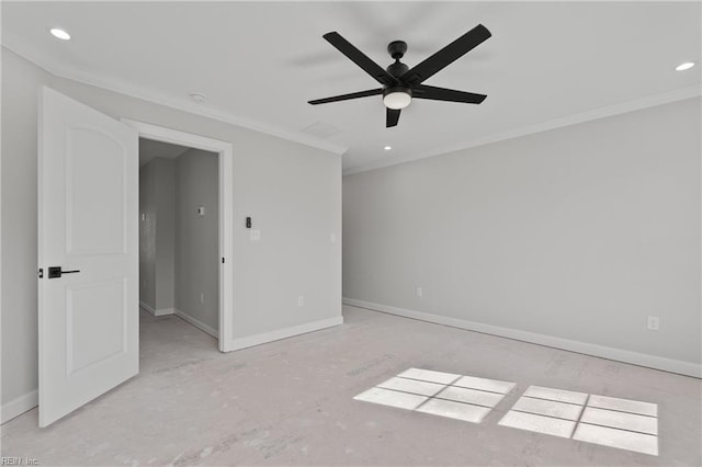 empty room with recessed lighting, baseboards, and crown molding