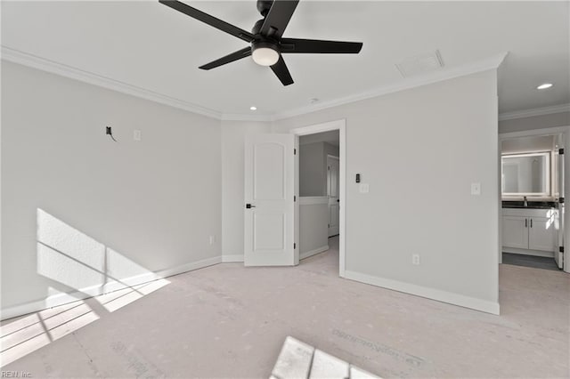 interior space with visible vents, crown molding, baseboards, ceiling fan, and recessed lighting