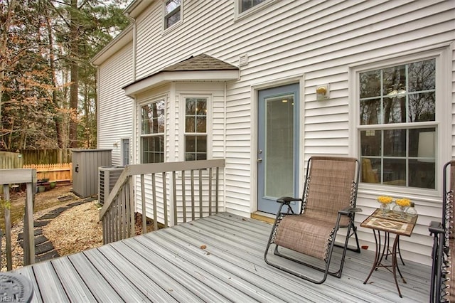 deck featuring cooling unit and fence