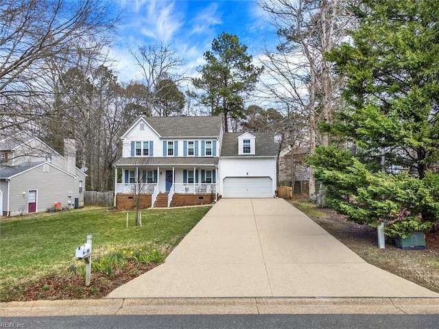 view of front facade featuring a porch, concrete driveway, a front yard, roof with shingles, and crawl space